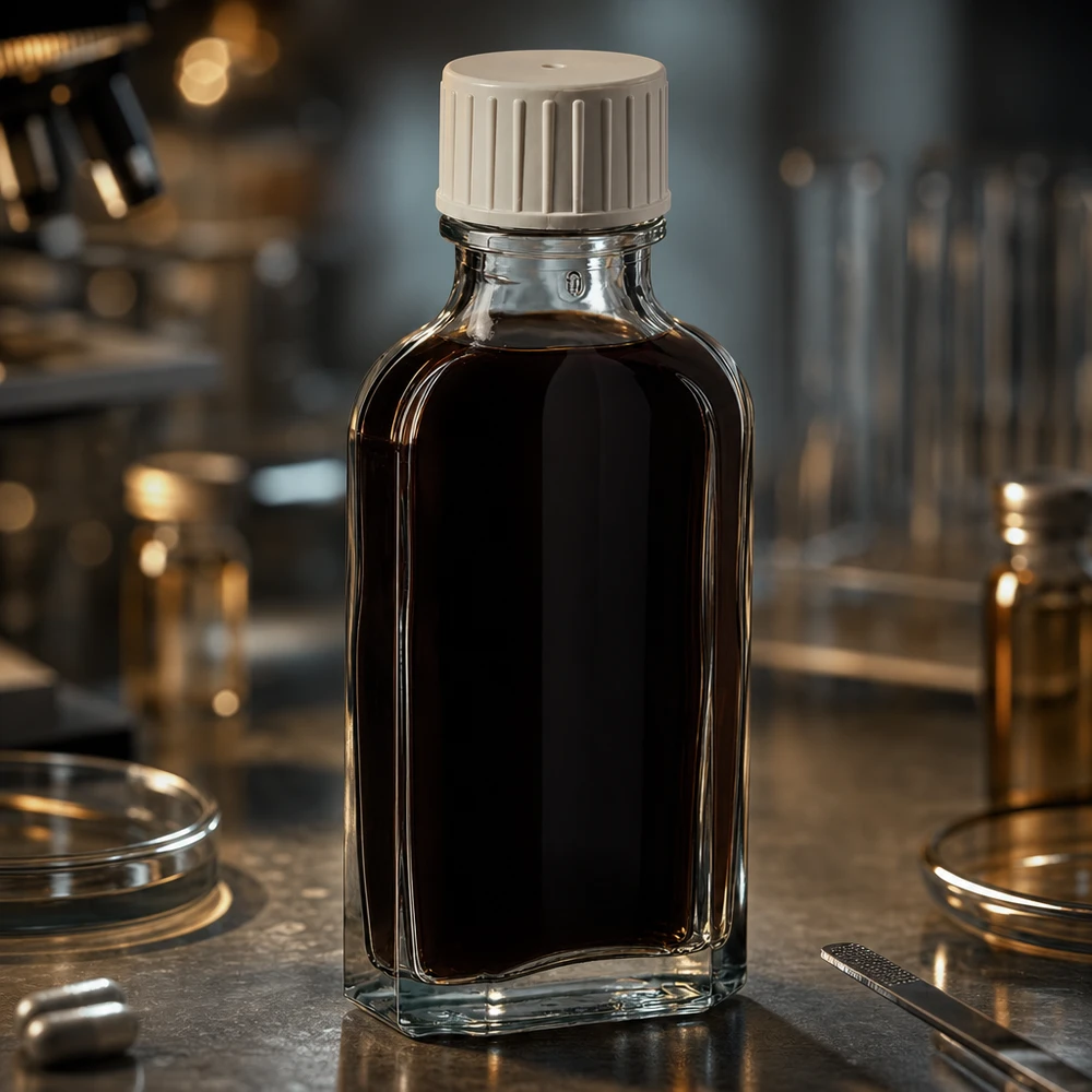 Rektangulær flaske af klart glas, 50 ml, med børnesikret skruelåg og doseringsfunktion
