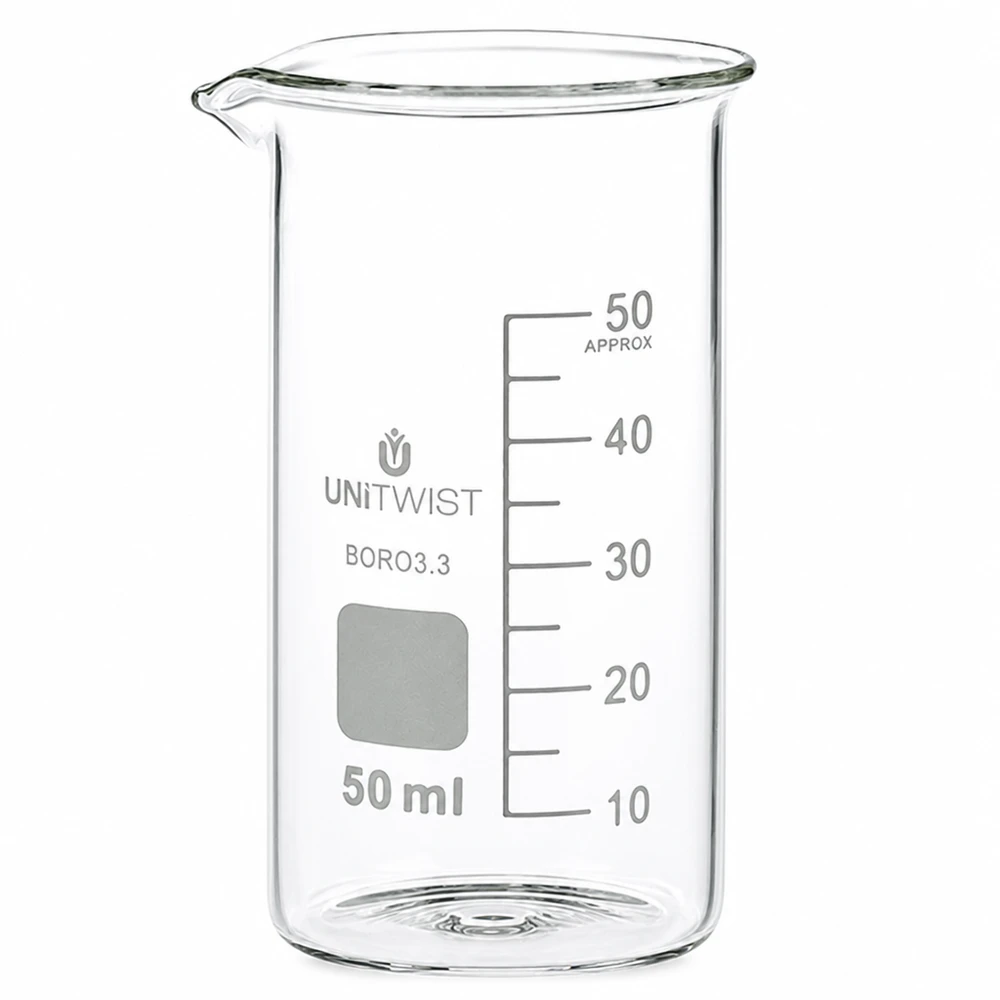 Bæger 50 ml borosilikat, høj form UNITWIST 50 ml højt bægerglas af borosilikatglas fra UNITWIST med milliliterskala op til 50 ml