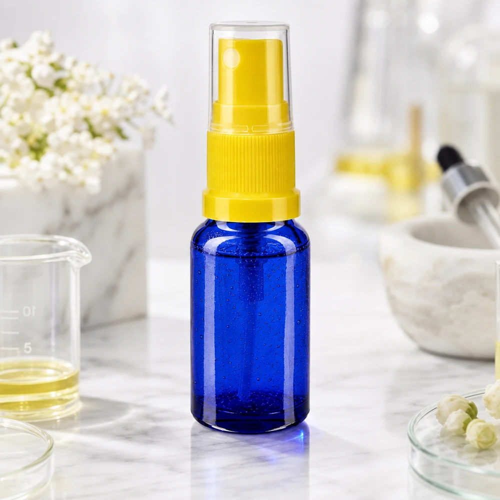 Blåt apoteksglas på 30 ml med sprøjtefunktion til æteriske olier og kosmetiske formuleringer