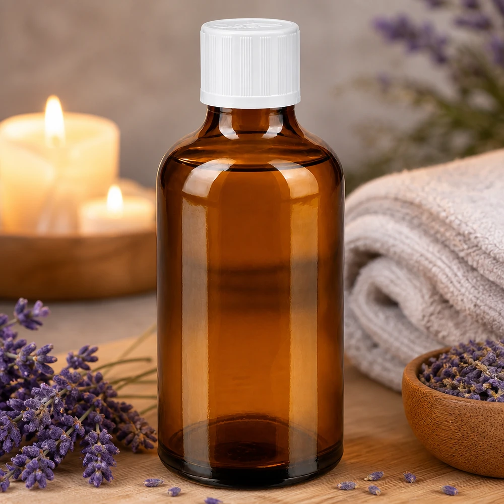 Apoteksflaske brun 50ml skruelåg hvid KiSi St Brun 50 ml apotekerflaske med hvid børnesikret låg ved siden af lavendelblomster og stearinlys