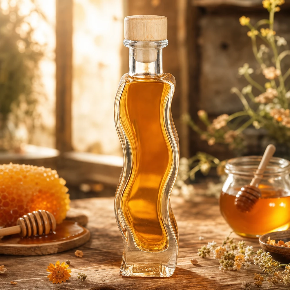 100 ml Glasflaske Melissa med træhåndtag og prop UNiTWIST® Glasflasche Melissa 100ml mit Honig befüllt rustikale Küche Holzkorken Bienenwaben natürliche Dekoration