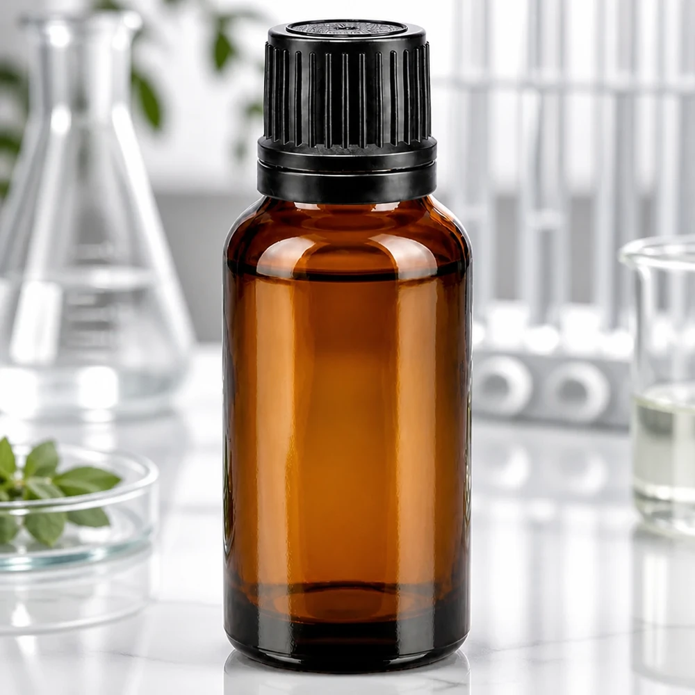 Apoteksflaske brun 20ml skruelåg sort hælde r. OV Lille brun glasflaske på 20 ml med børnesikret skruelåg i sort til laboratoriebrug