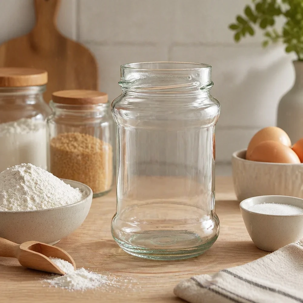 UNiTWIST Runda390 - Rund krukke med en kapacitet på 390 ml TO66deep UNiTWIST Runda390 rund krukke 390ml TO66deep tom konserveringskrukke på træplade i køkken med bageingredienser og æg