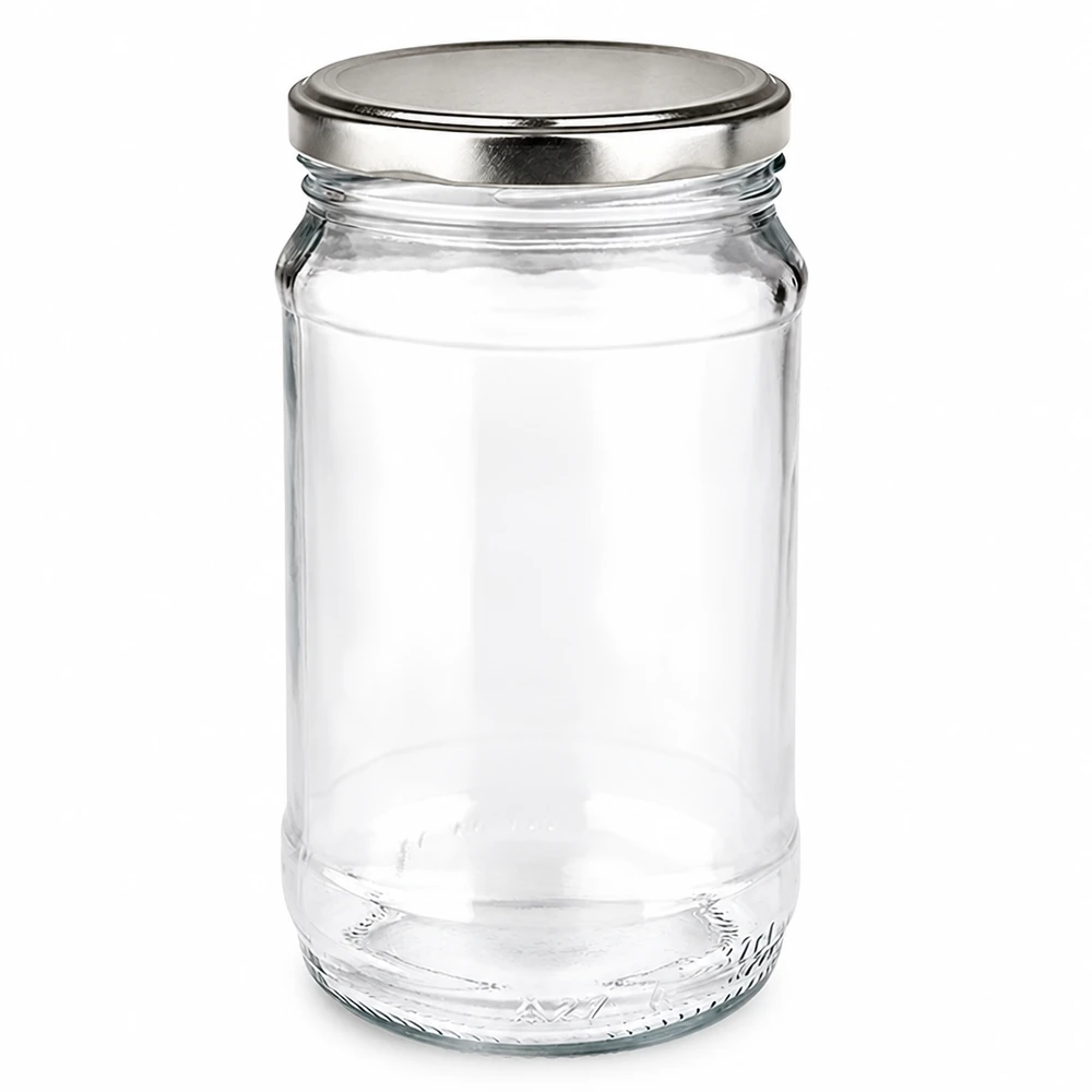 370 ml rundt glas med sølvfarvet BasicSeal Twist-Off-låg af klart glas til marmelade og konserves