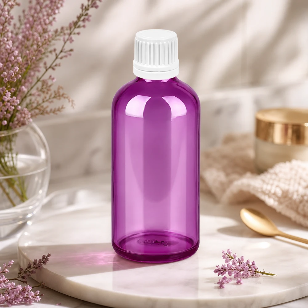 100 ml flaske 11 mm skruelåg hvid Originality skruelåg PurpleLine UT18/100 100 ml glasflaske i høj kvalitet i transparent violet med hvid hætte til DIY-kosmetik