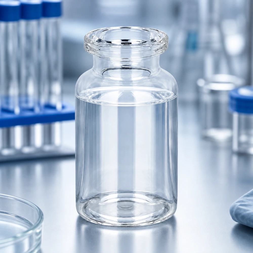 Injektionsflaske i klart glas 10 ml Injektionsflasche Klarglas 10ml im GMP-Labor neben Zentrifugenröhrchen und Petrischalen