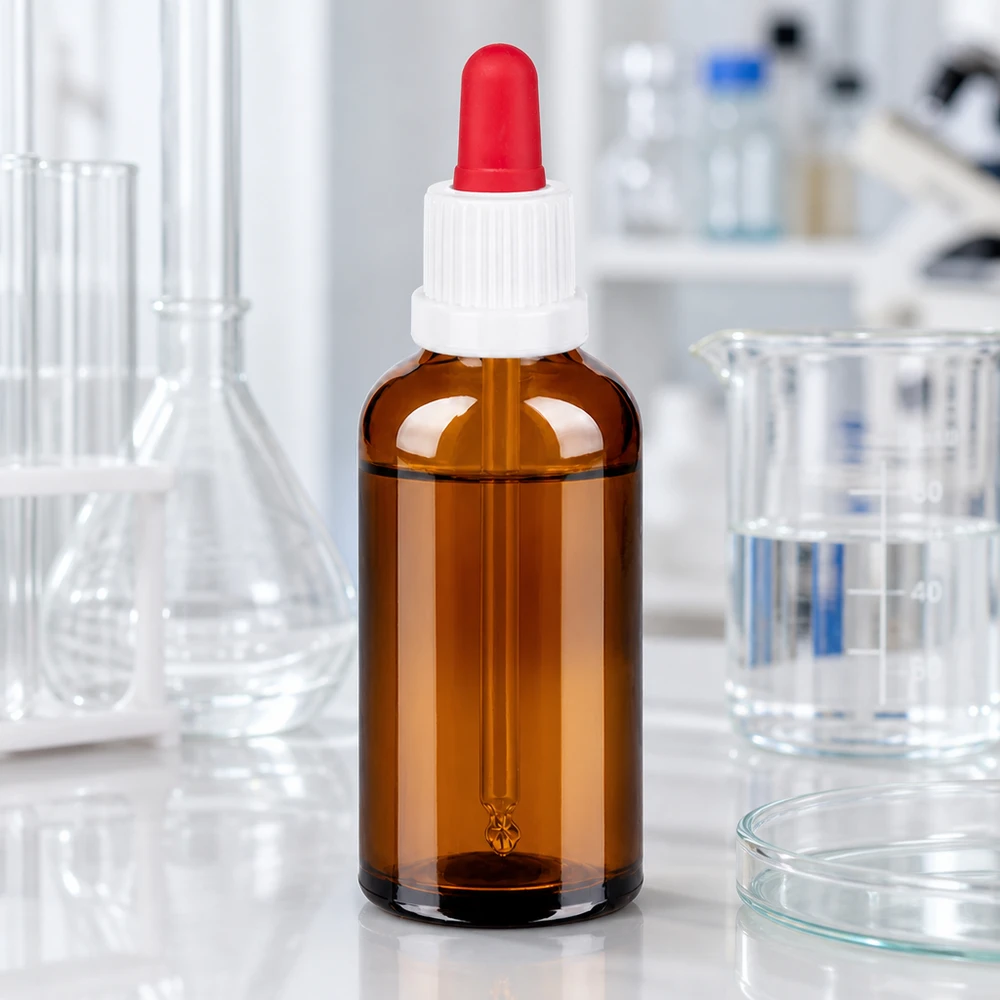 50 ml pipetteflaske hvid/rød OV BrownLine UT18/50 Professionel 50 ml laboratorieflaske lavet af UV-beskyttende ravfarvet glas med ergonomisk dråbehætte