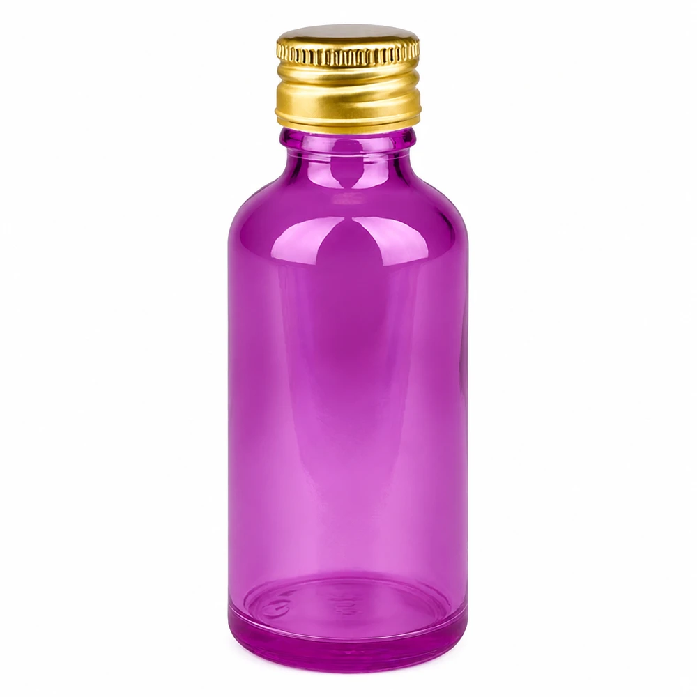 50 ml flaske 11 mm skruelåg aluminium guld standard PurpleLine. UT18/50 50 ml violet glasflaske med guld aluminiumshætte til æteriske olier og kosmetik
