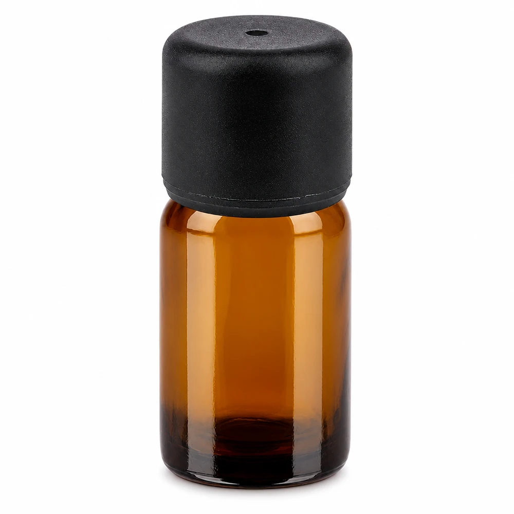 5ml flaske 6mm SV sort STD BrownLine UT18/5 5 ml ravfarvet glasflaske med sort hætte til æteriske olier og kosmetik