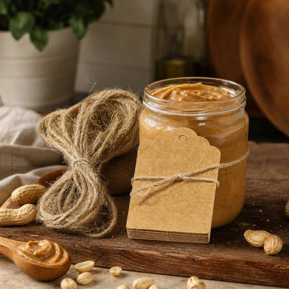 Hænger 30 x 50 mm med snor (pakke(r) med 10 stk.) Kraftpapirvedhæng med hampesnor arrangeret dekorativt ved siden af peanutbutter og nødder på et træbord