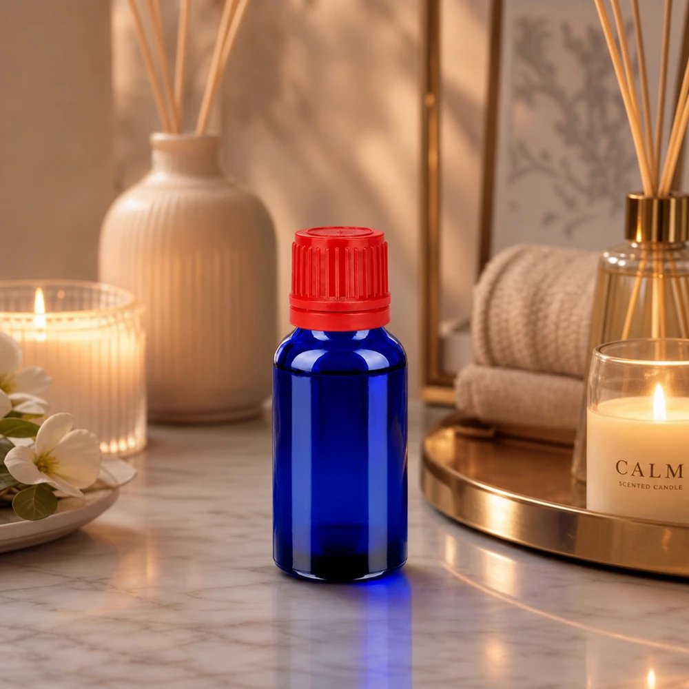 20 ml flaske 11 mm SV rød OV BlueLine UT18/20 Lille 20 ml glasflaske i BlueLine-serien med original rød hætte til præcis dosering