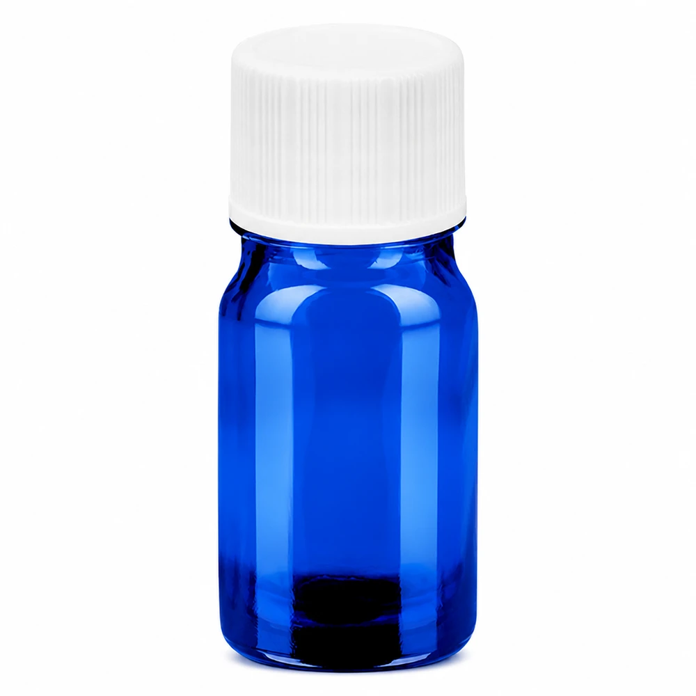 5ml flaske 11mm SV hvid STD BlueLine UT18/5 5 ml glasflaske blå med hvidt skruelåg 11 mm til æteriske olier og ekstrakter
