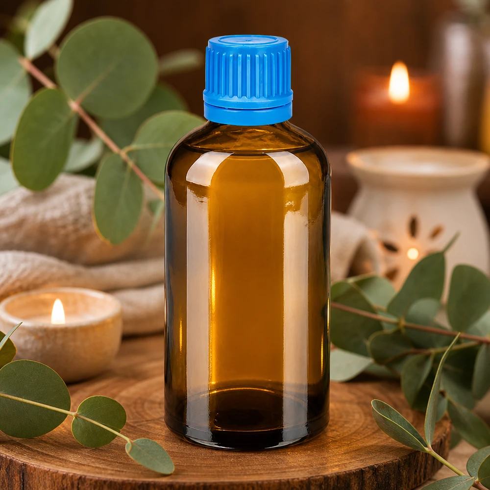 100 ml flaske 11 mm SV blå OV BrownLine UT18/100 Lille ravfarvet glasflaske 100 ml med blå hætte, ideel til æteriske olier og aromaterapi