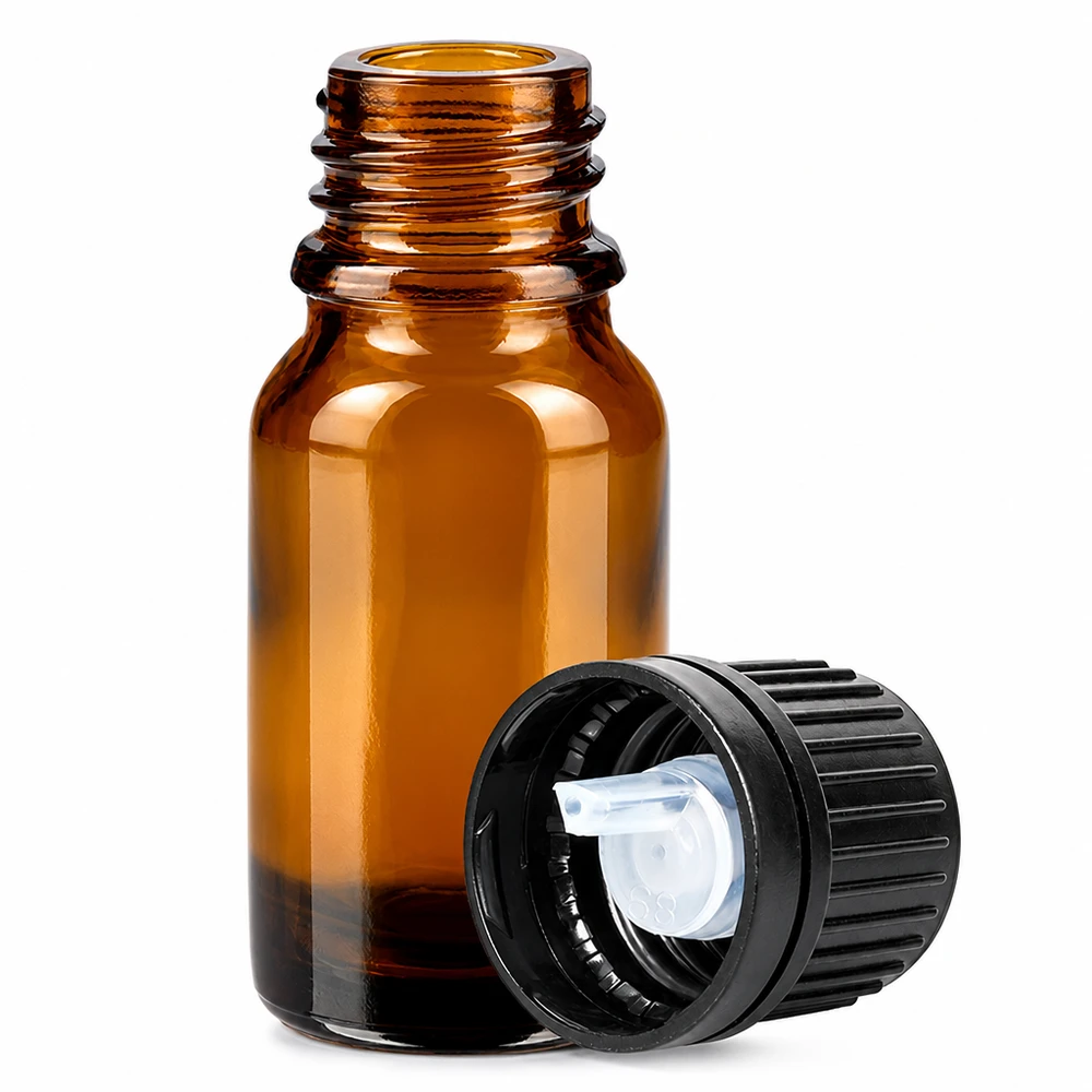 10 ml dråbeflaske 1 mm sort OV BrownLine UT18/10 Brun 10 ml glasflaske med 1 mm dråbeindsats og sort skruelåg til præcis dosering
