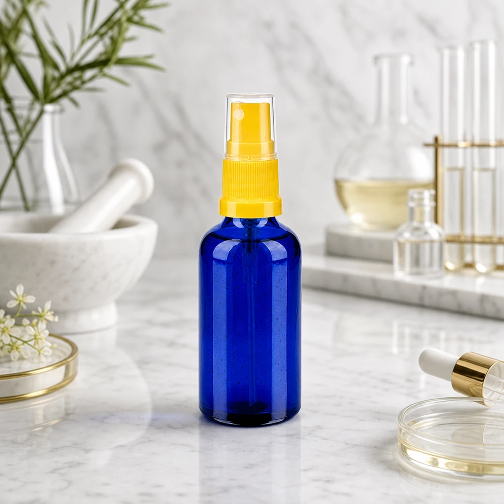 50 ml sprayflaske gul/tr. STD BlueLine UT18/50 Blåtonet glasflaske 50 ml med UV-beskyttelse og gul forstøver til lysfølsomme stoffer