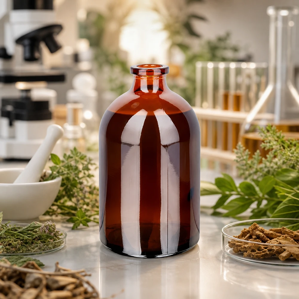 Injektionsflaske af ravfarvet glas 100 ml Injektionsflasche Braunglas 100ml mit schmalem Rollrandhals umgeben von botanischen Laborproben