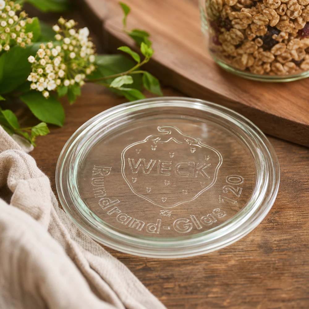 WECK glaslåg RR120 WECK glaslåg RR120 Nærbillede med præget logo på træbaggrund ved siden af valnødder og hvide blomster