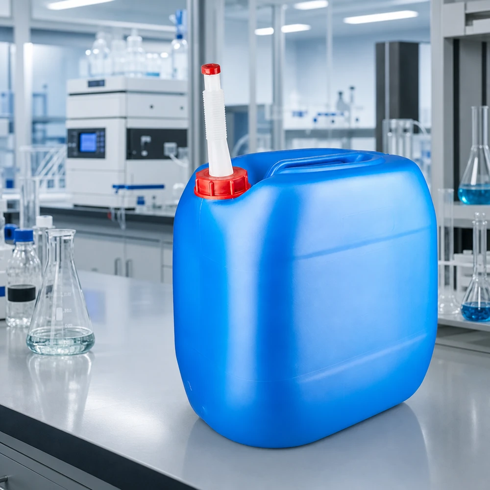 30 liters blå dunk med fleksibelt udløbsrør Rektangulær 30-liters dunk, blå, med fleksibelt udløbsrør, på laboratoriebordet mellem Erlenmeyer-kolberne