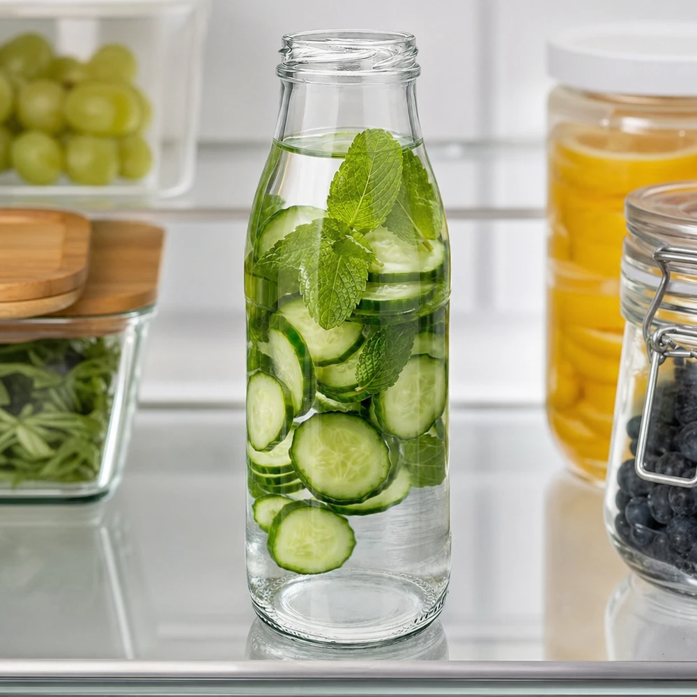 500 ml glasflaske uden låg (TO48) UNiTWIST. Absolut lækagesikker med stor åbning. Til mælk, juice og limonade. Kræver TO48-låg 500ml Glasflasche TO48 UNiTWIST mit Gurkenscheiben und Minze als Infused Water im modernen Kühlschrank