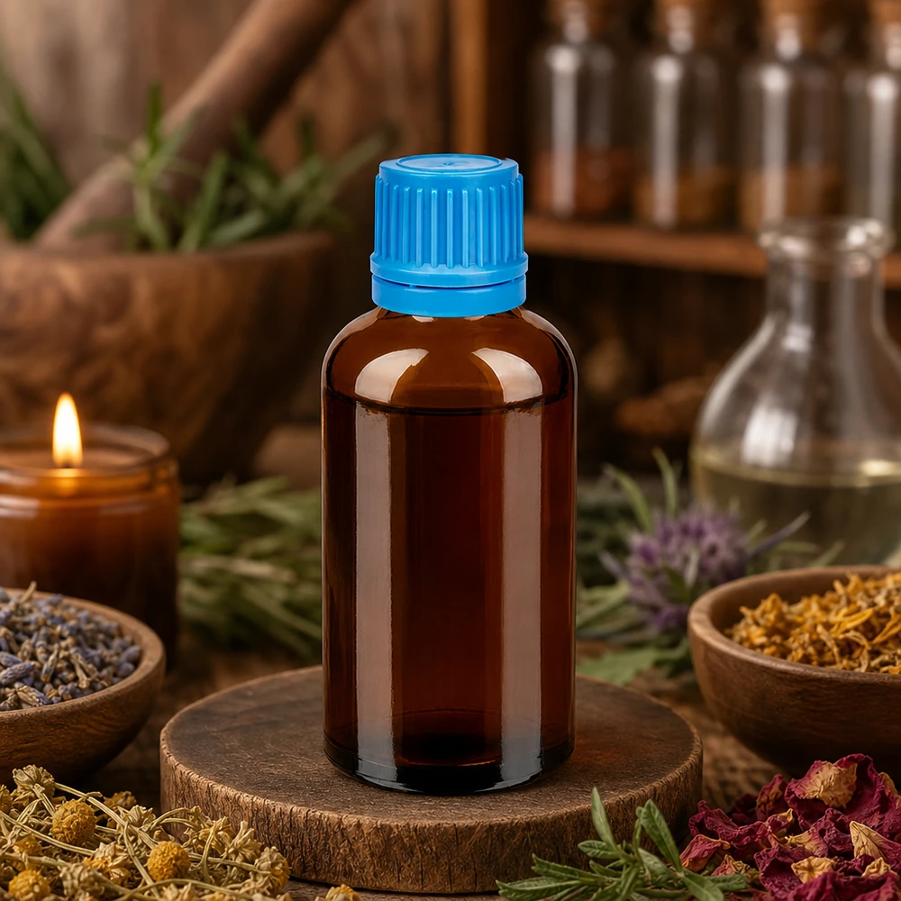 50 ml flaske 11 mm SV blå OV BrownLine UT18/50 50 ml glasflaske af høj kvalitet i brun med blå hætte til naturmedicin og aromaterapi