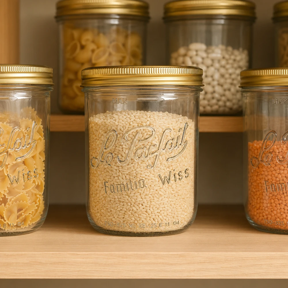 Le Parfait® Familia Wiss 1 kg Ø100 mm glas 1020 ml Familia Wiss opbevaringsglas med skruelåg fyldt med korn i opbevaringsstativ opbevaringsglas opbevaringsdåse