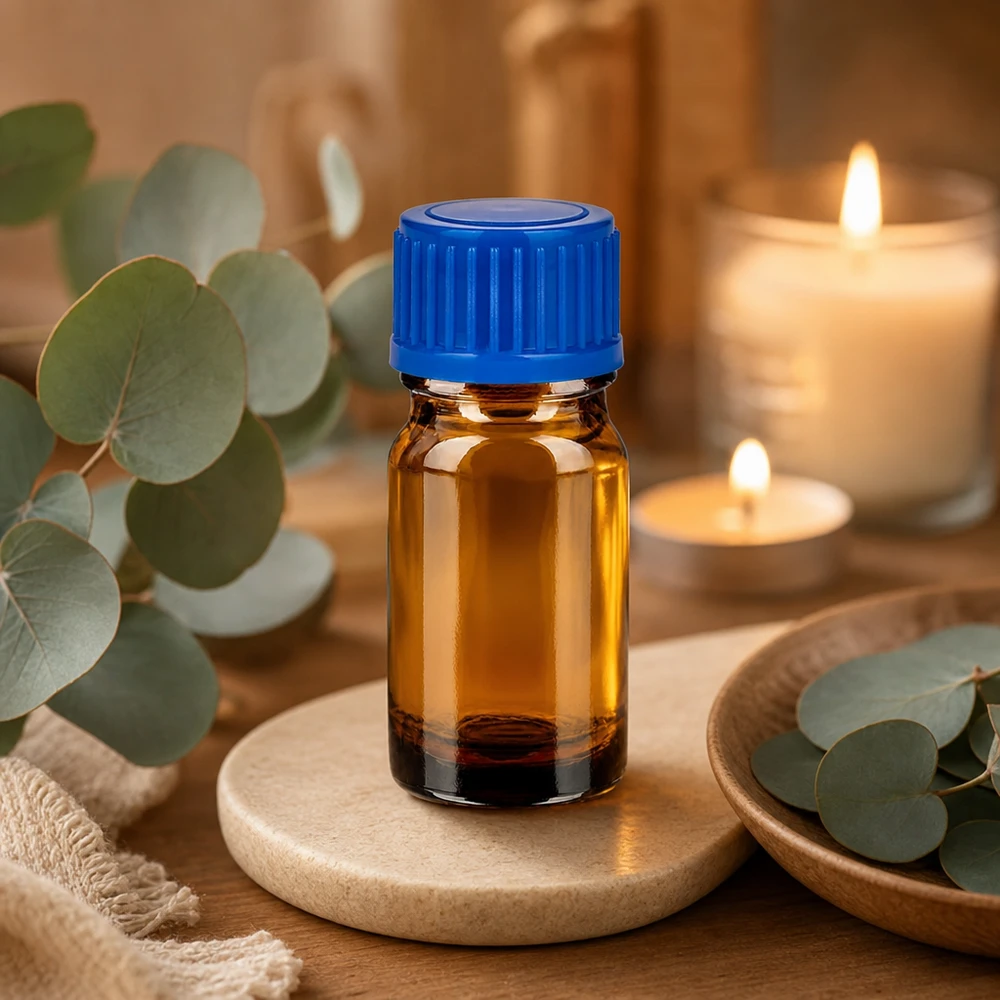 Kompakt 5 ml BrownLine-glasflaske med blå hætte, ideel til aromaterapi og wellness