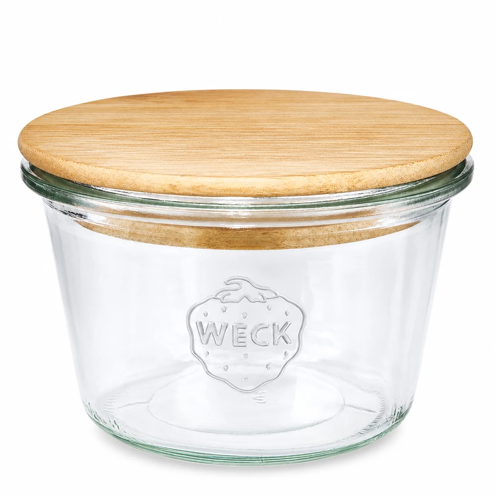 370 ml Briller WECK RR100 med trælåg 370 ml WECK RR100 murerbalje med trælåg - rund konserveringskrukke i glas med bambuslåg til køkkenet