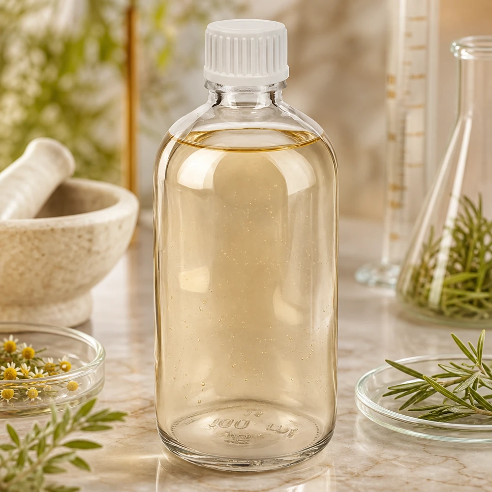 100 ml dråbeflaske 0,9 mm hvid STD ClearLine UT18/100 ClearLine UT100 – 100 ml dråbeflaske i klart glas med hvid prop blandt lægeurter