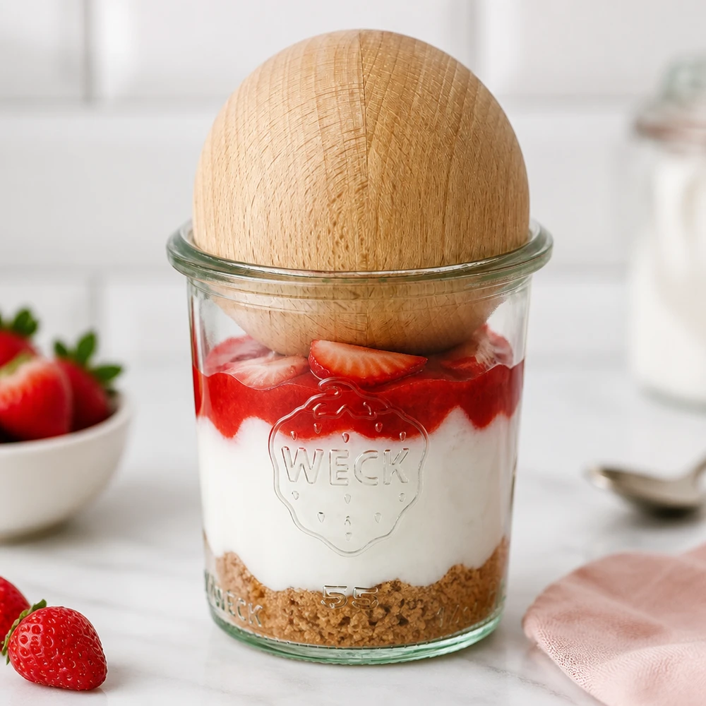 140 ml Briller WECK RR60 med trækugle bøg WECK Sturzglas 140ml RR60 als Dessertglas mit Erdbeeren und Sahne, Holzkugel aus Buche als stilvoller Deckel