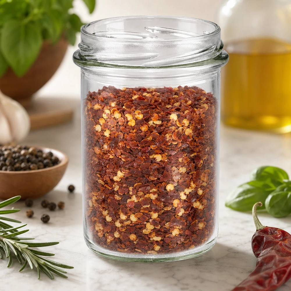 UNiTWIST Sturz230 - Briller med indhold 230 ml TO66 UNiTWIST Lintel230 Lintel-krukke 230ml TO66 fyldt med chili-krydderiblanding på køkkenbord med krydderurter