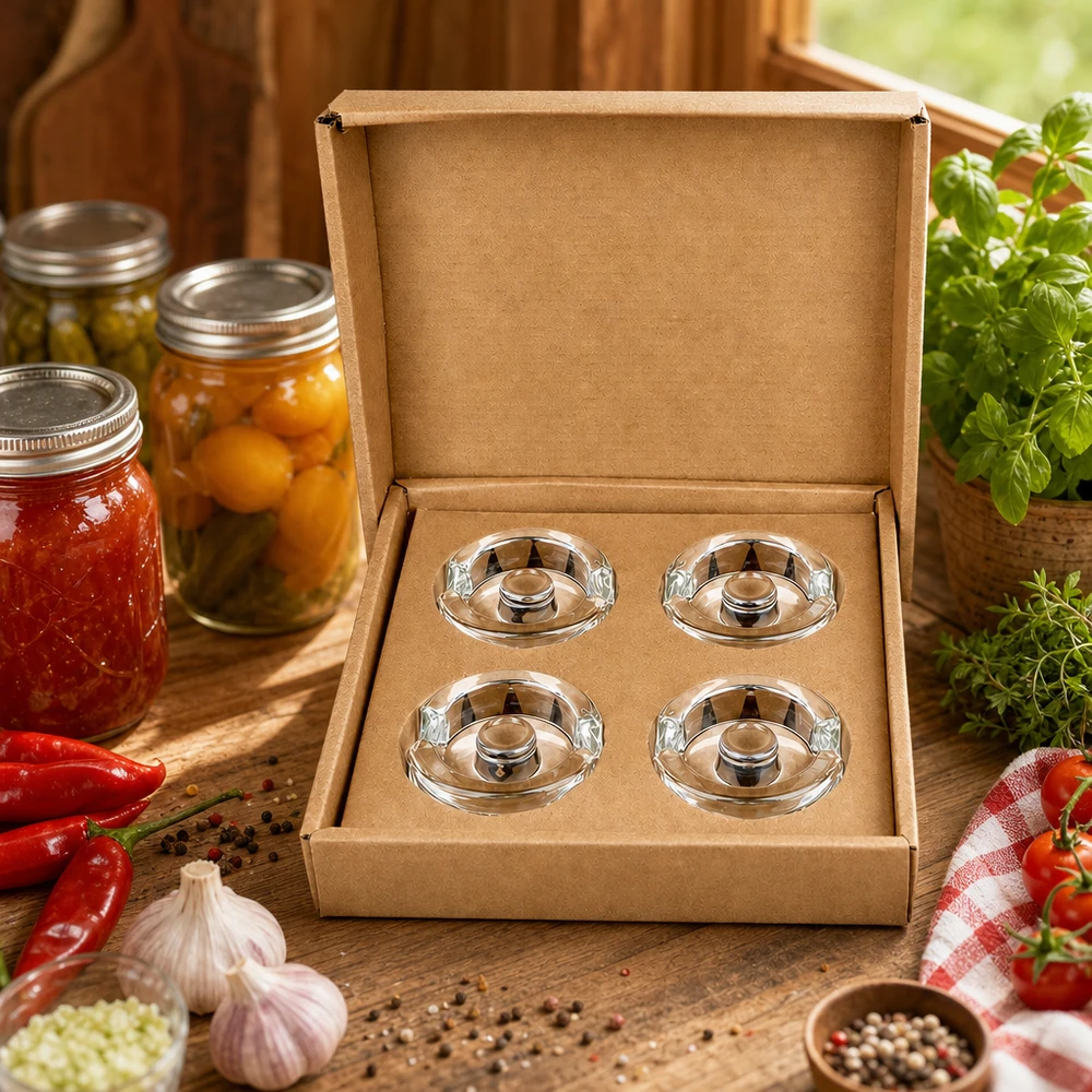 Fermenteringsvægte i glas med håndtag, sæt med 4 UNiTWIST Fermentier-Glasgewichte UNiTWIST 4er Set in Geschenkbox umgeben von frischen Kräutern Tomaten und Einmachgläsern