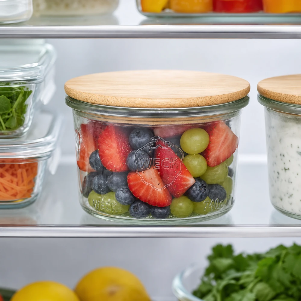 200 ml Briller WECK RR80 med trælåg WECKs 200 ml RR80 med bambuslåg fyldt med farverig frugtsalat i køleskabet for optimal opbevaring af mad.
