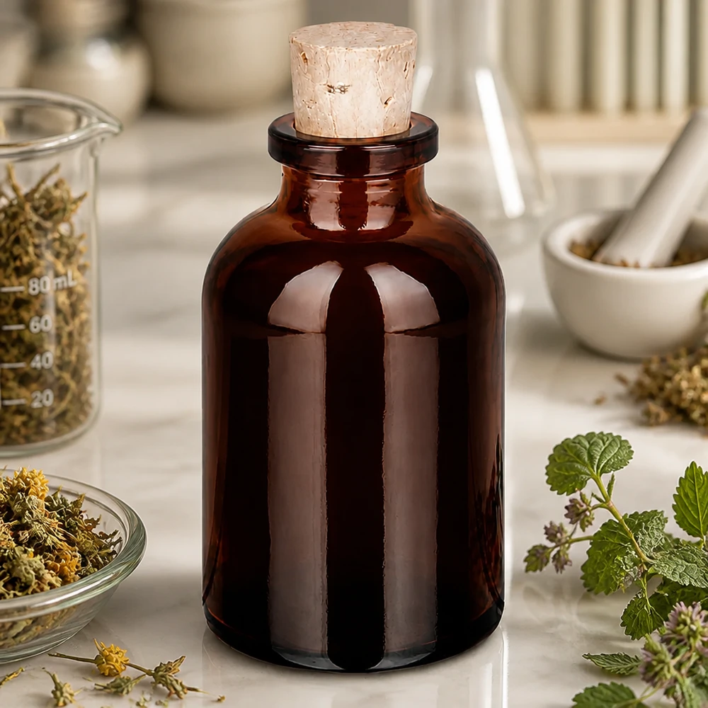 Flaske ravfarvet glas 30ml med kork 11/14mm Dunkle Glasflasche 30ml mit Korken für Homöopathie und Pflanzentinkturen