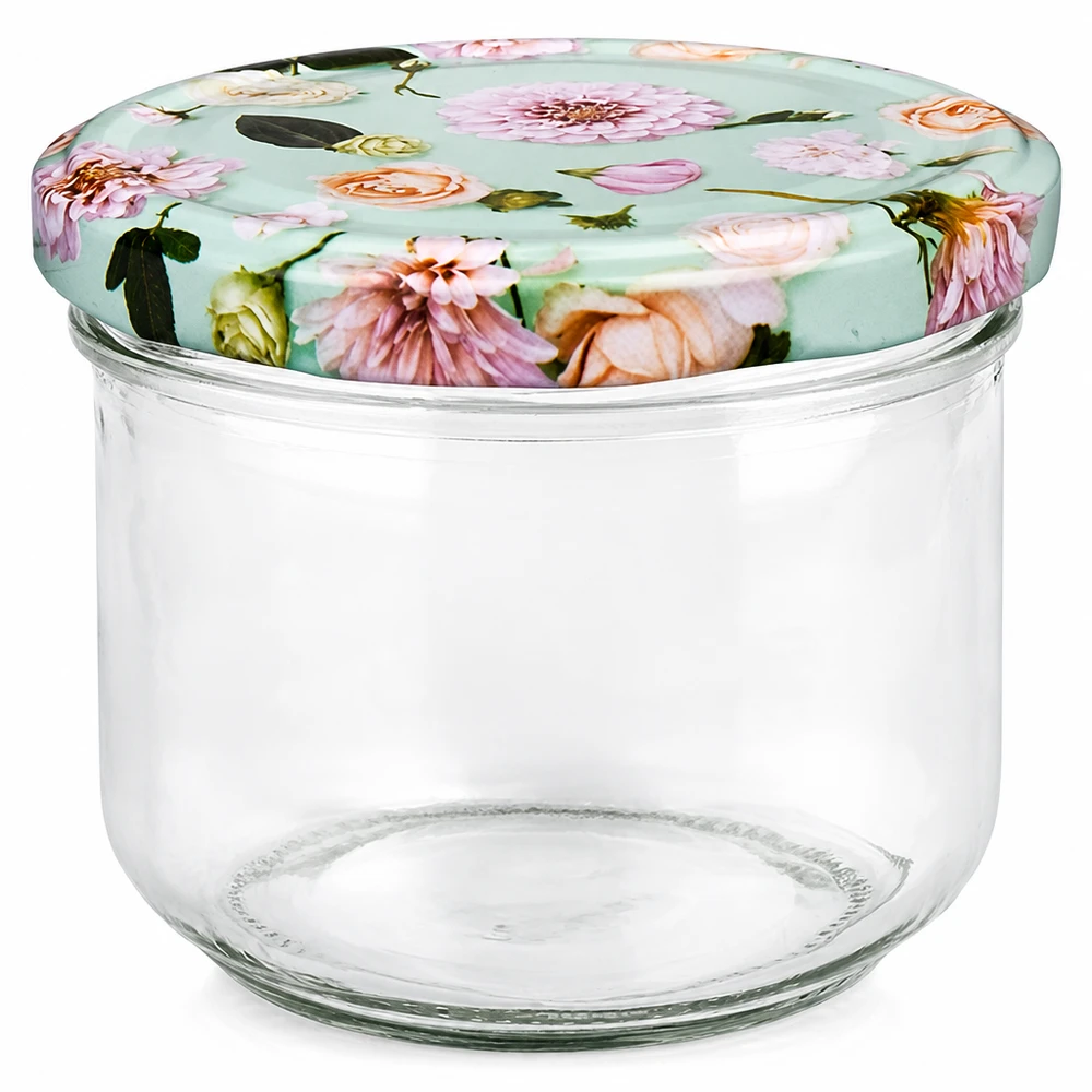 260 ml væltet glas + BasicSeal låg Blume mint UNiTWIST 260 ml glas med BasicSeal-låg i mint med blomstermønster, tomt syltetøjsglas til marmelade og konserves