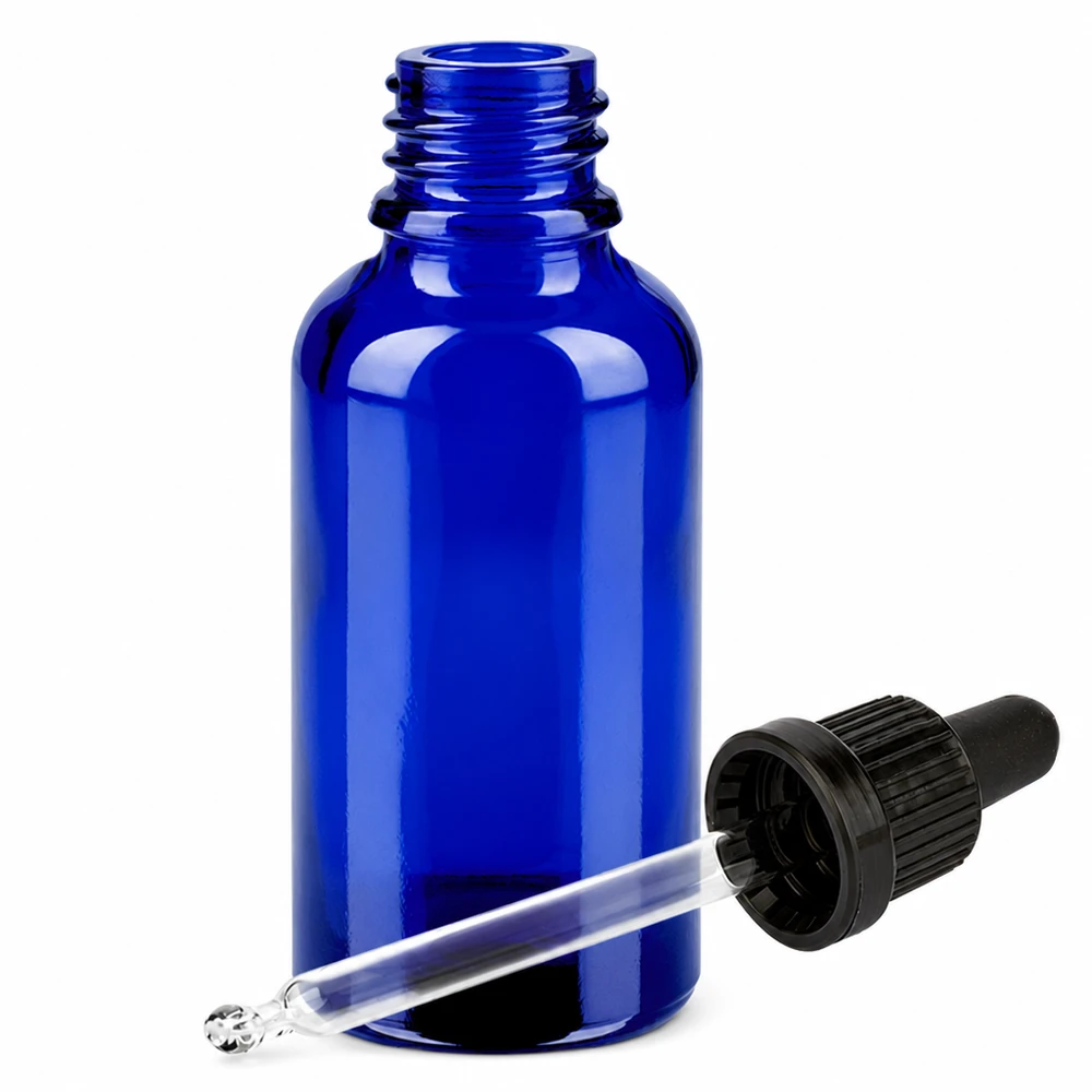 Blå glasflaske 30 ml med pipette og sort dråbehætte til præcis dosering