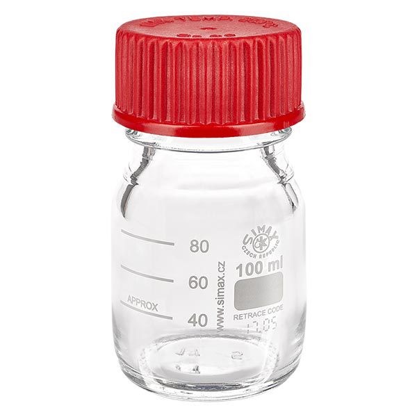 100 ml laboratorieflaske med gevind lavet af borosilikatglas 3.3. Med rødt skruelåg, forsegling og hældering 100 ml laboratorieflaske med gevind lavet af borosilikatglas 3.3. Med rødt skruelåg, forsegling og hældering