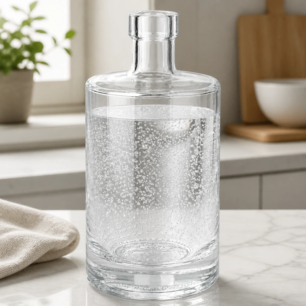500 ml glasflaske »Marie« uden låg UNiTWIST® 500 ml glasflaske Marie fyldt med mineralvand med brus på en marmorbordplade i et moderne køkken