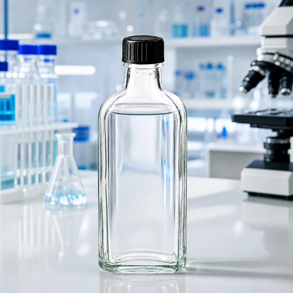 100 ml Meplat klar skruelåg med LKD-forseglingsskive Gennemsigtig Meplat-flaske på 100 ml med LKD-tætningsskive til brug i professionelle laboratoriemiljøer