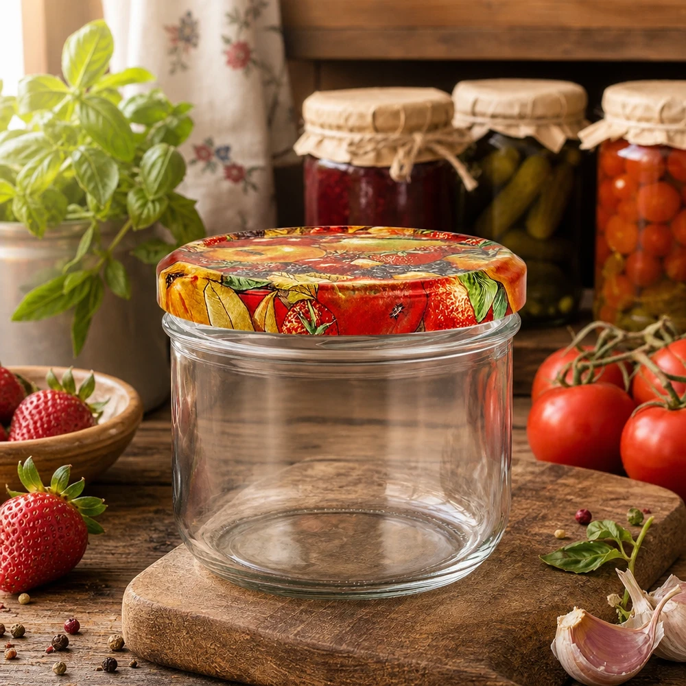 260 ml Briller + BasicSeal låg frugtdekoration UNiTWIST Leeres 260ml Sturzglas mit dekorativem Obst-Deckel umgeben von frischen Tomaten und Erdbeeren in Küche