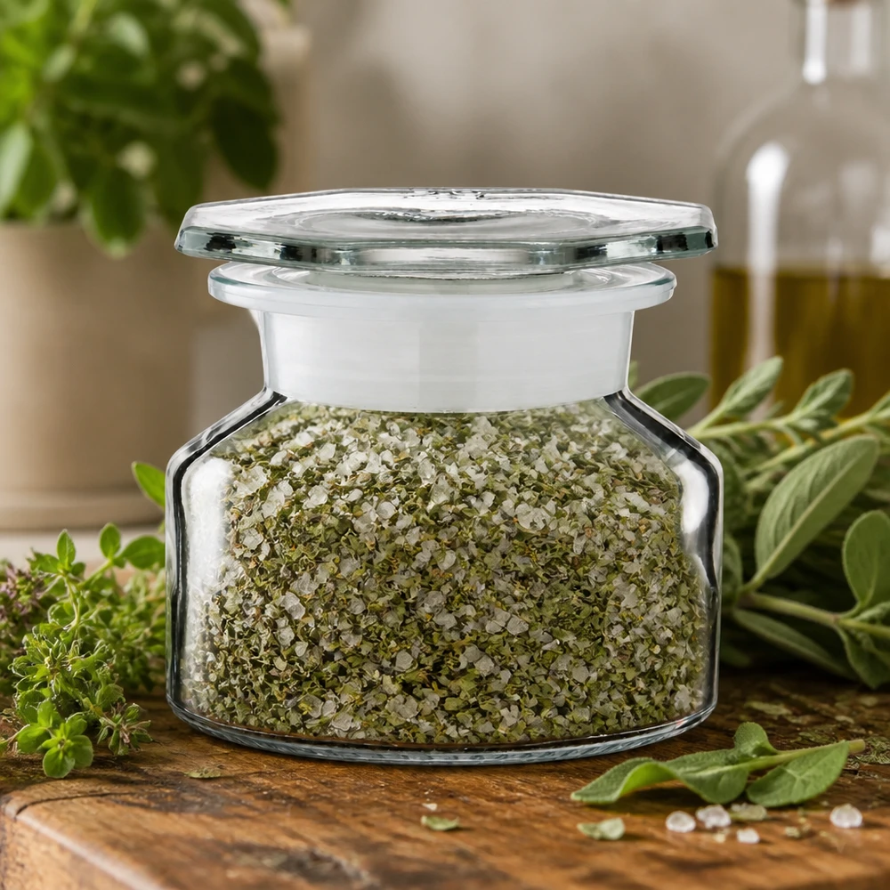 Idé til krydderiglas: 50 ml flaske med stejl hals og bred hals i klart glas 50 ml flaske med bred hals, fyldt med urtesalt og med hvid plastprop