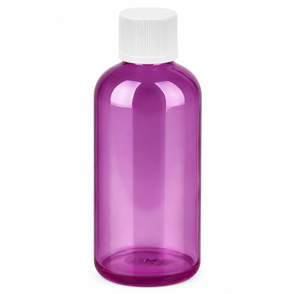 100 ml flaske 11 mm skruelåg hvid standard børnesikret PurpleLine. UT18/100 100 ml plastflaske i lilla transparent med hvidt skruelåg 11 mm til kosmetik og apotek