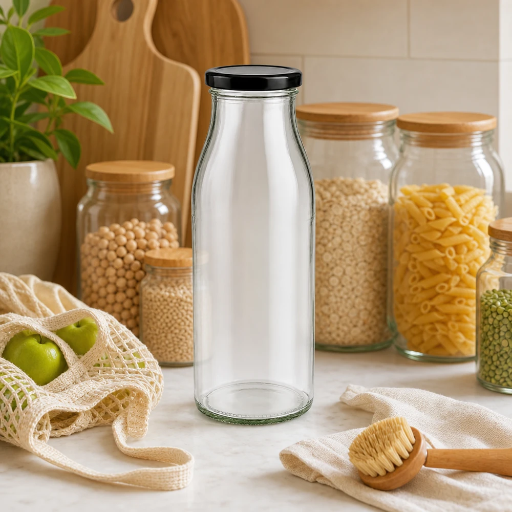 500 ml glasflaske + BasicSeal-låg sort UNiTWIST. Absolut lækagesikker med stort TO48-låg. Til mælk, juice og limonade. 500 ml glasflaske med sort låg i zero-waste-køkken med opbevaringskrukker og bæredygtige materialer