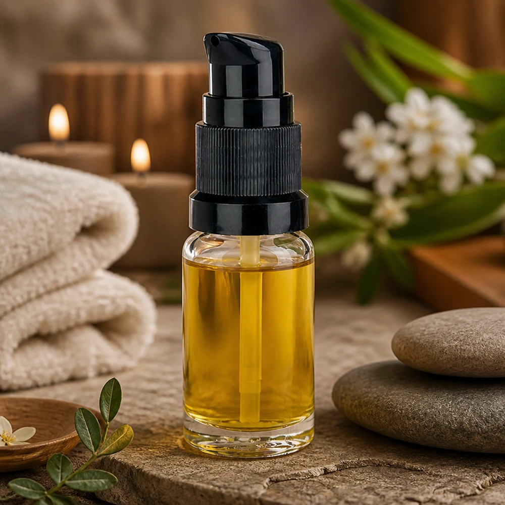 10 ml pumpeflaske sort STD ClearLine UT18/10 Lille 10 ml glasflaske med sort pumpedispenser på natursten med wellness-tilbehør