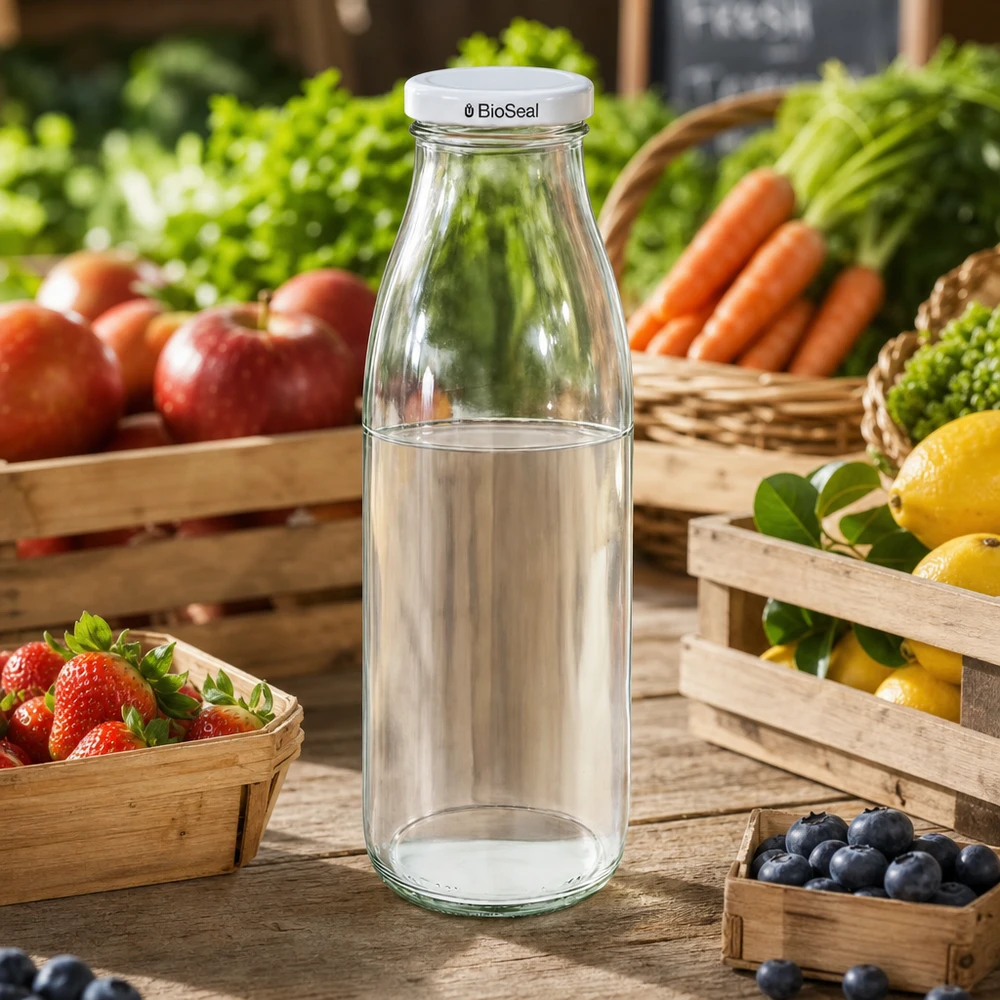 500 ml glasflaske + BioSeal-låg hvid UNiTWIST. Absolut lækagesikker med stort TO48-låg. Til mælk, juice og limonade. 500ml Glasflasche mit BioSeal Deckel auf Marktstand zwischen frischem Obst und Gemüse, ideal für Säfte und Smoothies