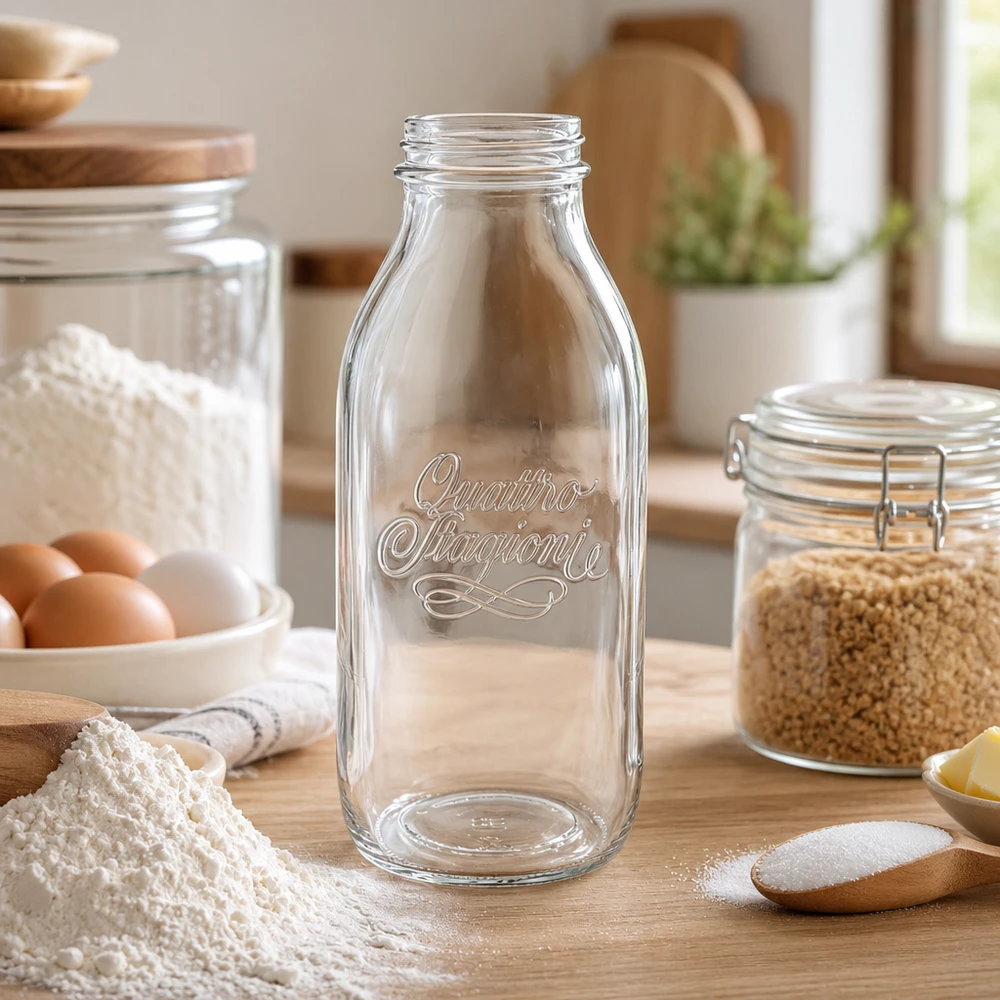 1000 ml flaske med bred hals "Quattro Stagioni" 1000 ml Quattro Stagioni-glasflaske med bred mund i et rustikt køkken med madlavningsingredienser og opbevaringskrukker