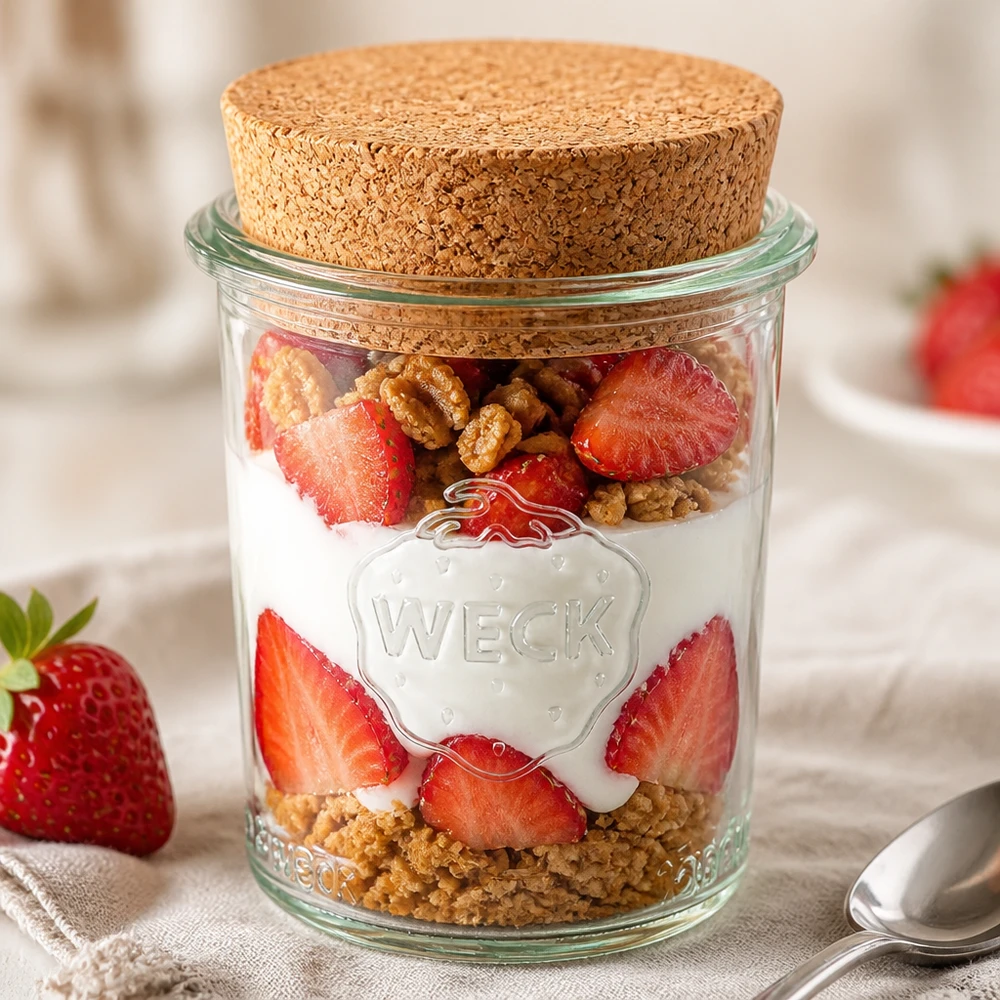 160 ml Briller WECK RR60 med kork natur WECK 160 ml RR60-krukke fyldt med yoghurt, jordbær og nødder som en dessert i en krukke med korklåg