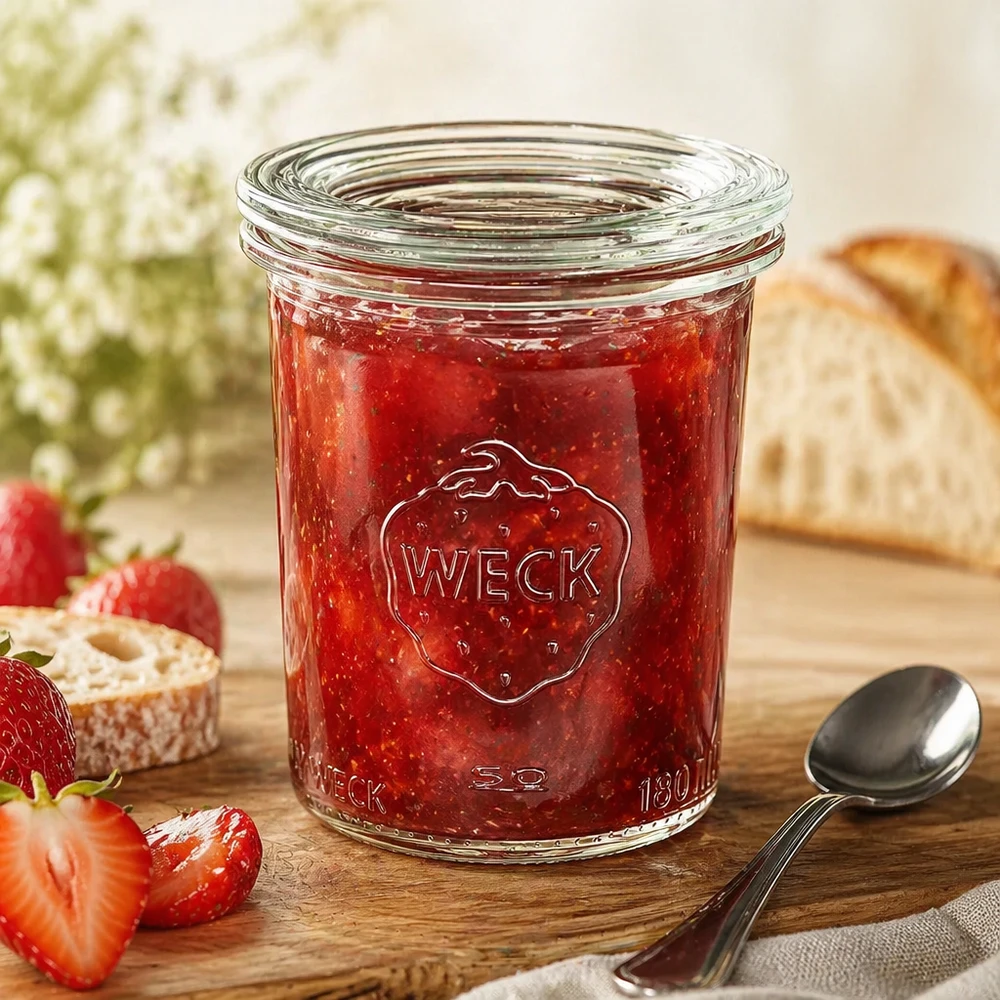 160 ml krukke med glaslåg WECK RR60 WECK RR60 160 ml murerbalje med rød jordbærmarmelade og ske, dekorativt arrangeret med brød og jordbær