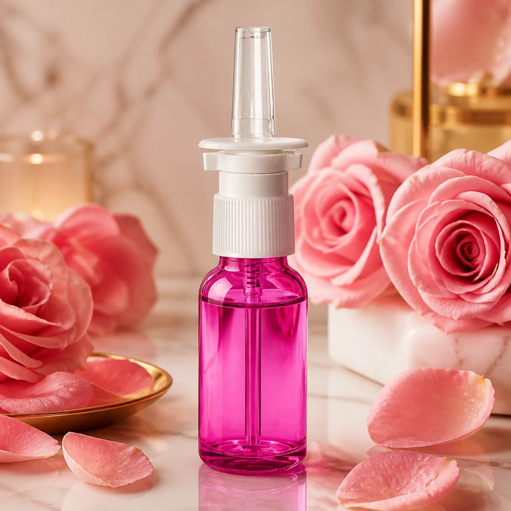 20 ml næsesprayflaske hvid/transparent standard PurpleLine. UT18/20 20 ml næsesprayflaske af højkvalitetsplast med ergonomisk sprayhoved i lilla