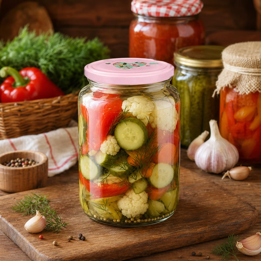 795 ml rund krukke + BasicSeal låg, lyserødt hjerte, UNiTWIST Rundglas 795ml mit rosa Herzdeckel befüllt mit eingelegtem Gemüse Gurken Blumenkohl Paprika in rustikaler Küche