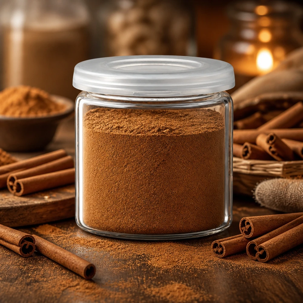 Idé til krydderikrukke: 5 ml tabletkrukke (krukke med rullet kant) i klart glas Rundt 5 ml tabletglas fyldt med kanelpulver og med et hvidt låg med rullet kant på et træbord